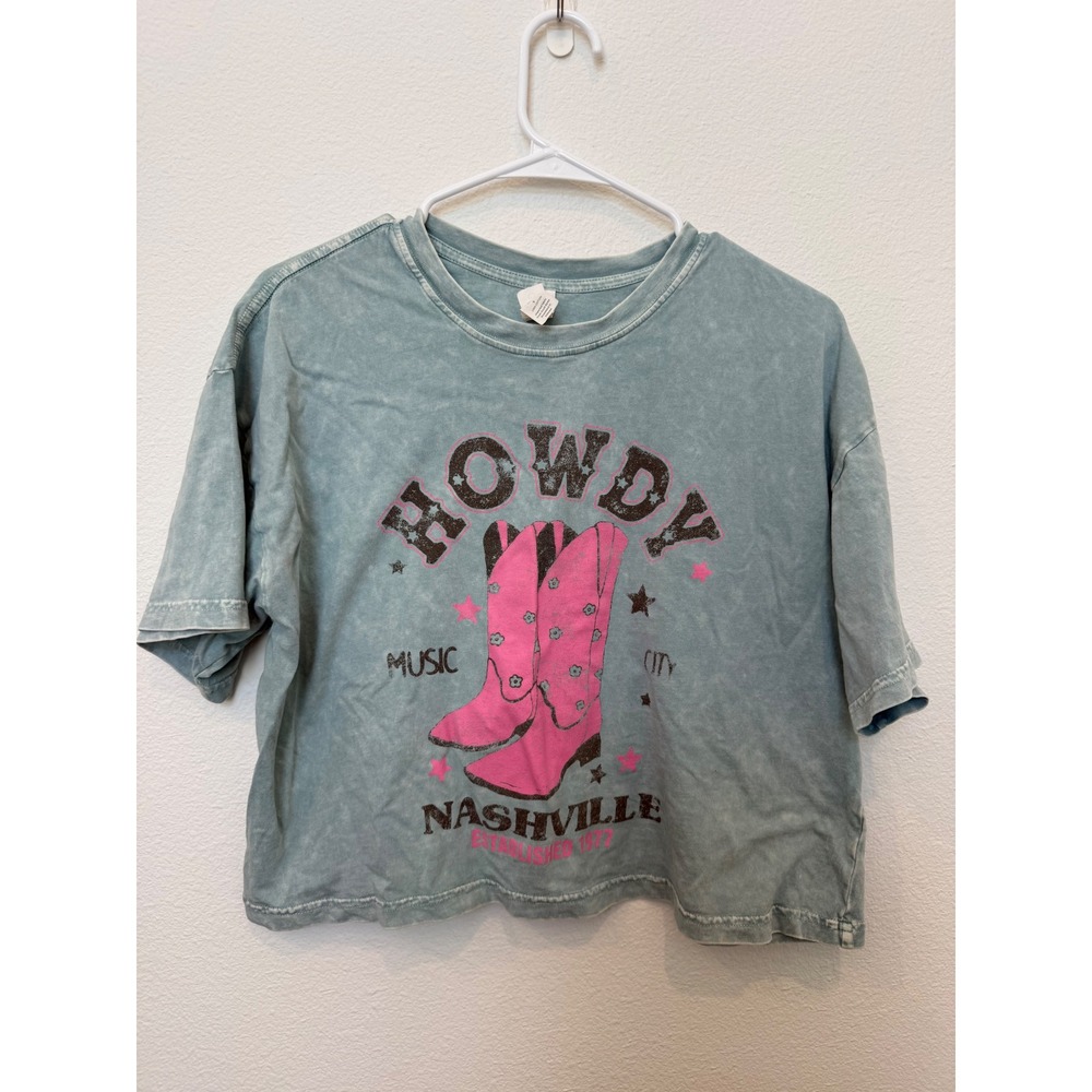 Nashville Music City‎ Howdy Graphic Tee Blue Acid Wash Cowboy Boots Small